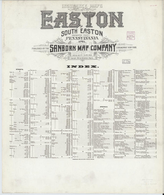 Sanborn Fire Insurance Map from Easton, Northampton County, Pennsylvania (1904), Sheet #0001 - Historic Sanborn Fire Insurance Map Print, vintage old map wall art, antique decor, genealogy gift, Pennsylvania Pennsylvania map