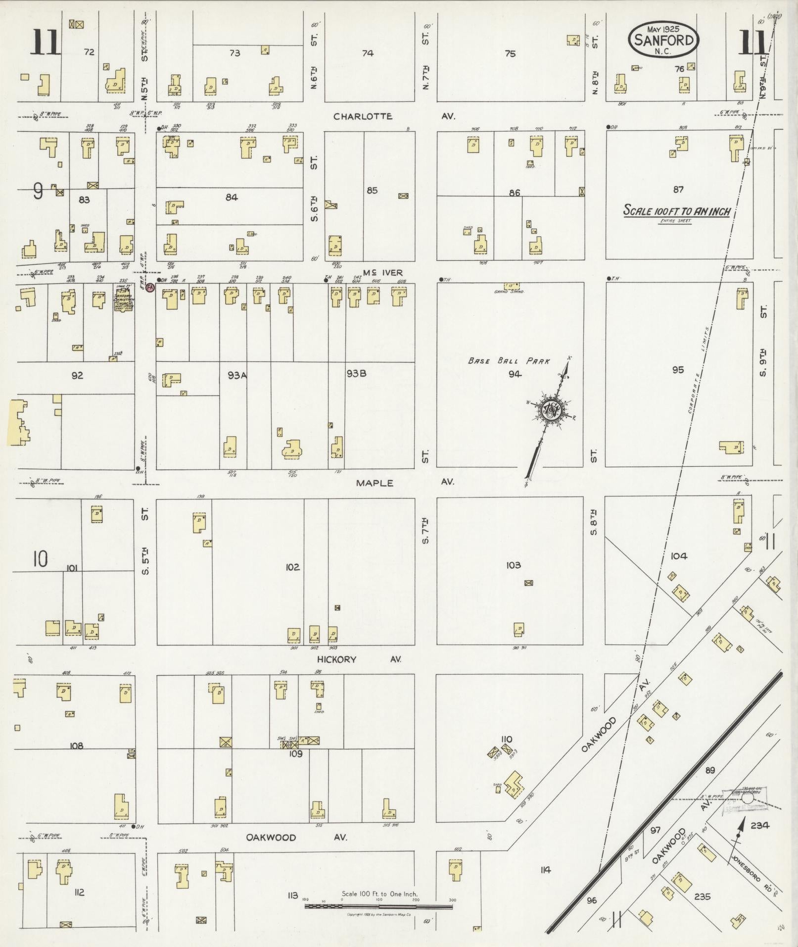 Sanborn Fire Insurance Map from Sanford, Lee County, North Carolina (1925), Sheet #0011 - Complete Map Set gallery image, historic Sanborn map, vintage wall art, North Carolina North Carolina