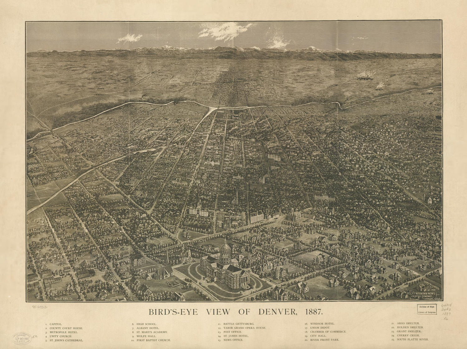 Bird's-eye view of Denver, 1887. (1887) – Historic Bird’s-Eye View Panorama Print
