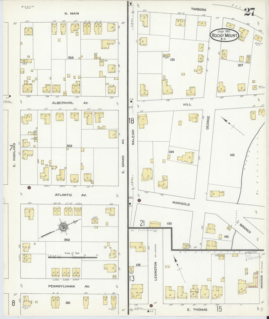 Sanborn Fire Insurance Map from Rocky Mount, Edgecombe And Nash Counties, North Carolina (1912), Sheet #0027 - Historic Sanborn Fire Insurance Map Print, vintage old map wall art, antique decor, genealogy gift, North Carolina North Carolina map