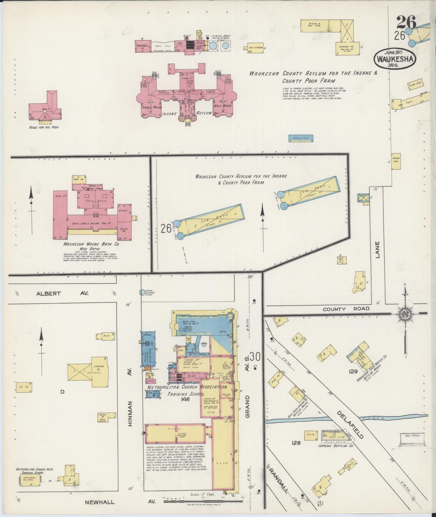 Sanborn Fire Insurance Map from Waukesha, Waukesha County, Wisconsin (1917), Sheet #0026 - Historic Sanborn Fire Insurance Map Print, vintage old map wall art, antique decor, genealogy gift, Wisconsin Wisconsin map