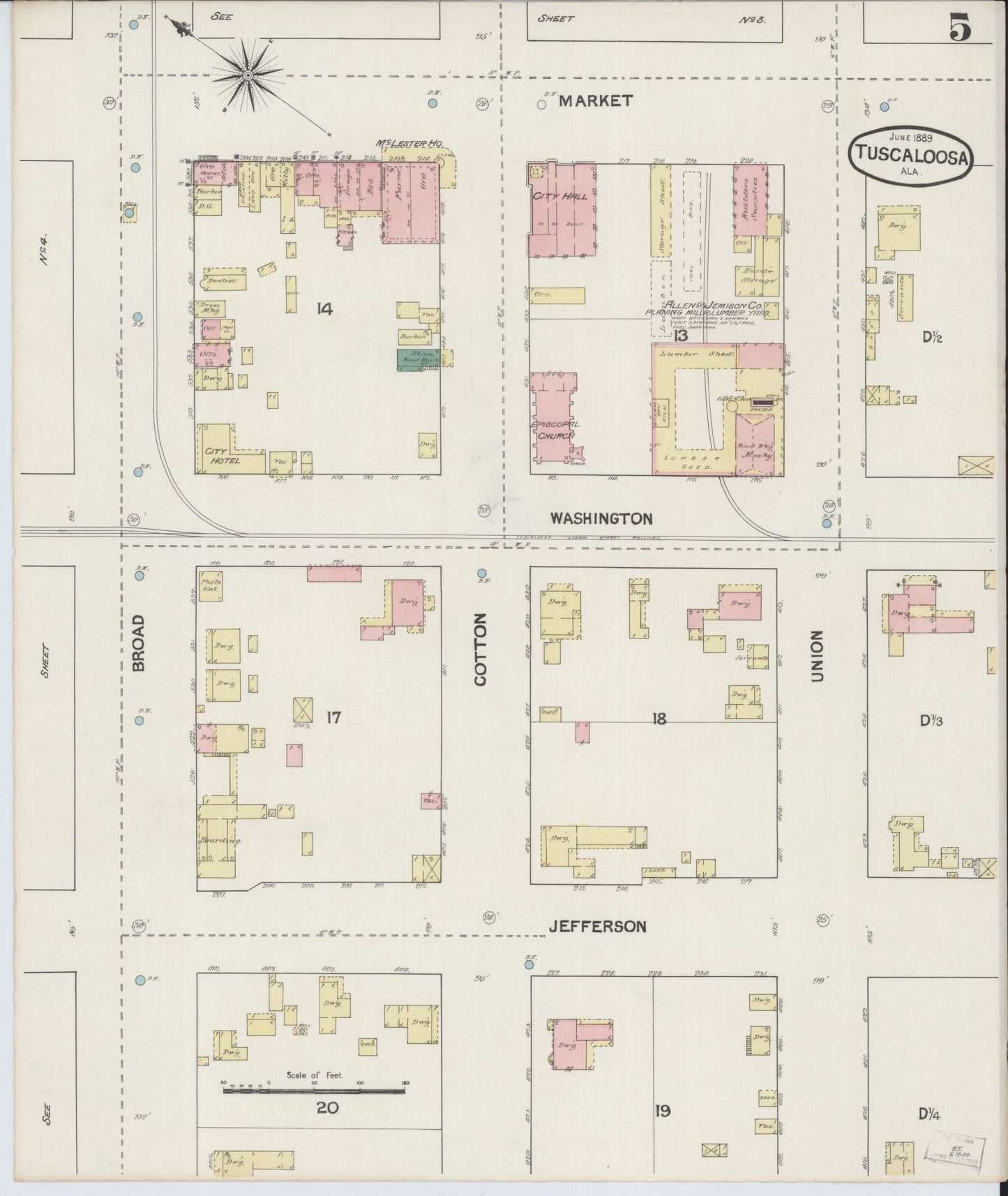 Sanborn Fire Insurance Map from Tuscaloosa, Tuscaloosa County, Alabama (1889), Sheet #0005 - Complete Map Set gallery image, historic Sanborn map, vintage wall art, Alabama Alabama