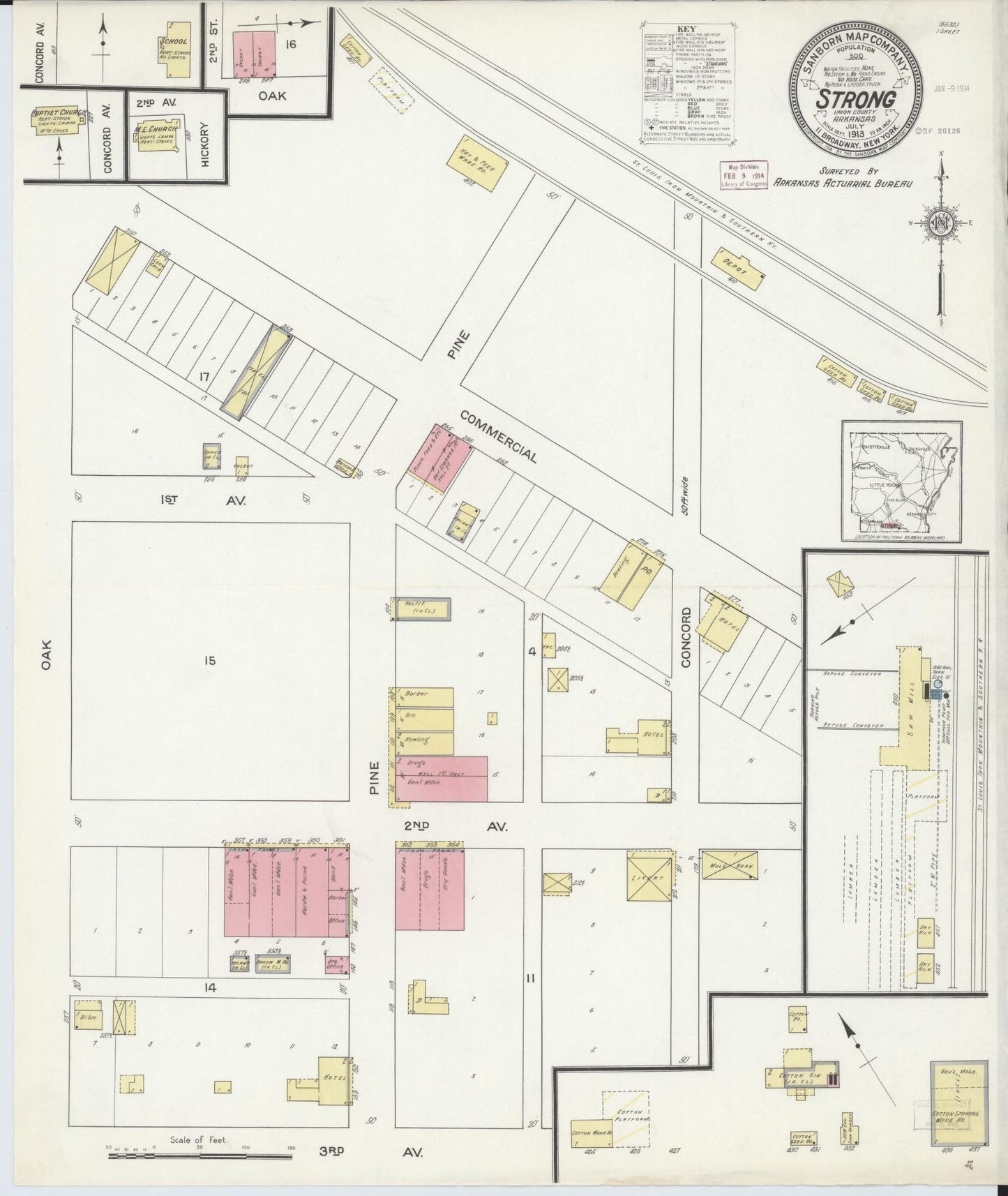 Sanborn Fire Insurance Map from Strong, Union County, Arkansas (1913), Sheet #0001 - Historic Sanborn Fire Insurance Map Print, vintage old map wall art, antique decor, genealogy gift, Arkansas Arkansas map