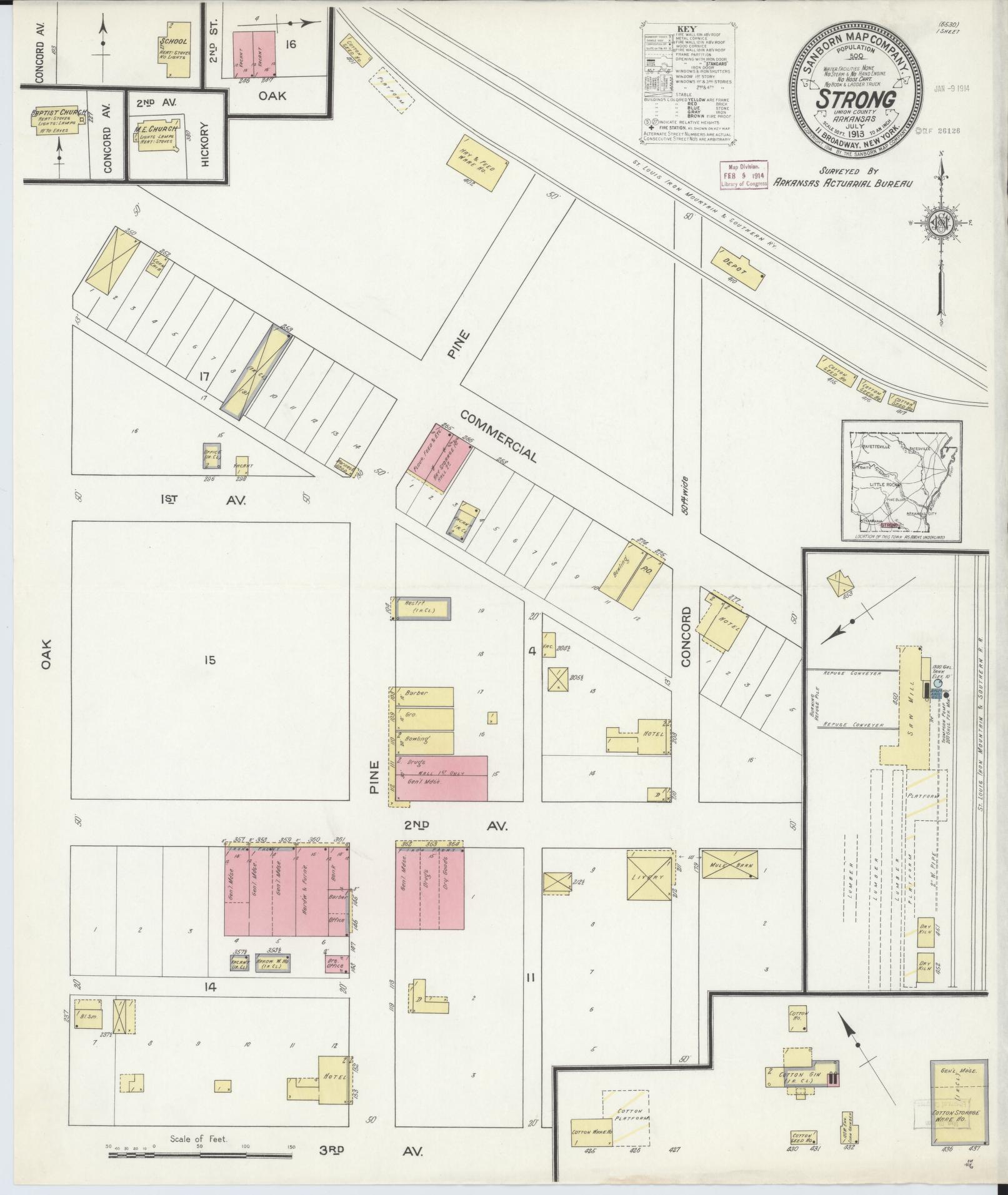 Sanborn Fire Insurance Map from Strong, Union County, Arkansas (1913), Sheet #0001 - Historic Sanborn Fire Insurance Map Print, vintage old map wall art, antique decor, genealogy gift, Arkansas Arkansas map