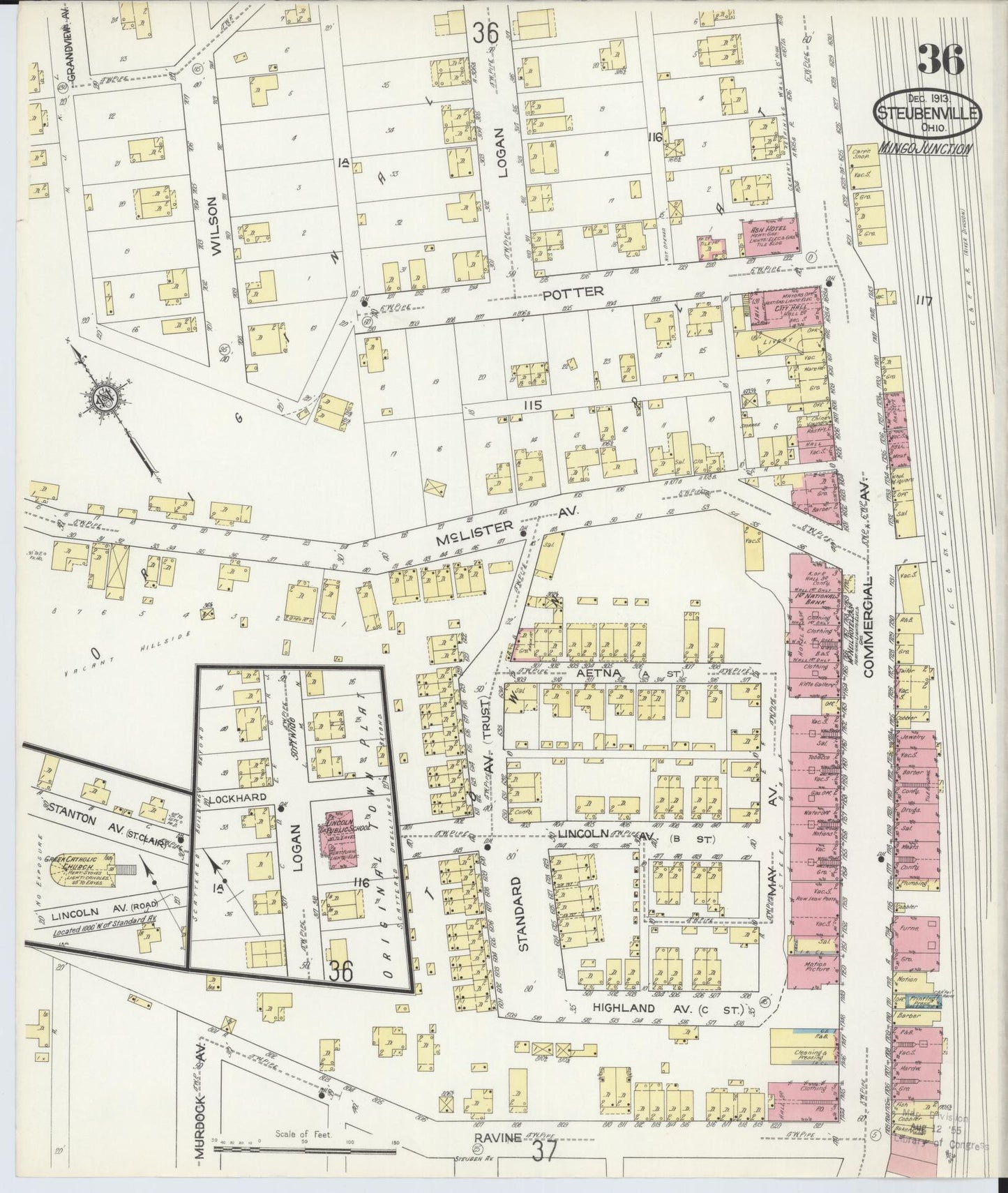 Sanborn Fire Insurance Map from Steubenville, Jefferson County, Ohio (1913), Sheet #0036 - Historic Sanborn Fire Insurance Map Print, vintage old map wall art, antique decor, genealogy gift, Ohio Ohio map