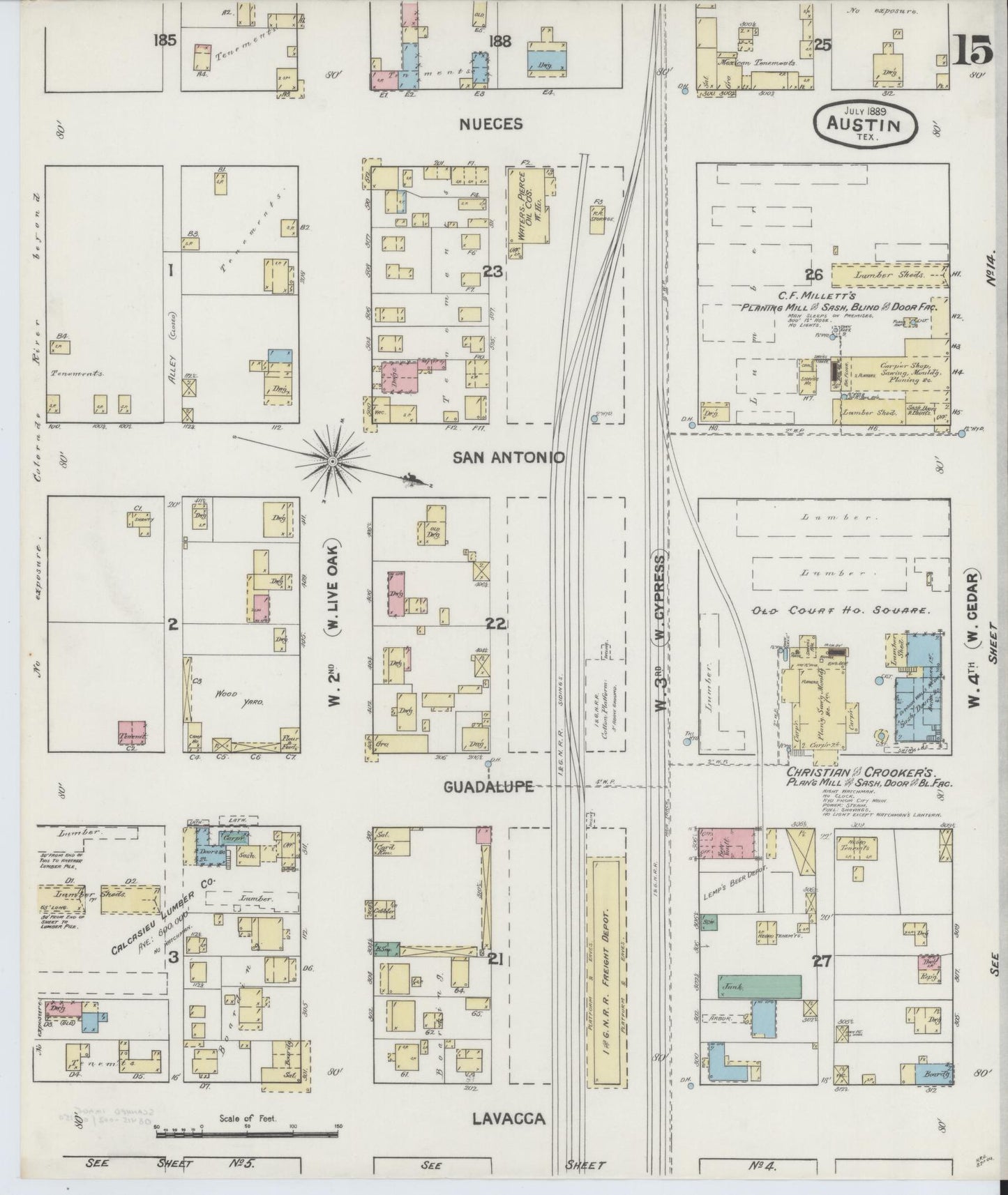 Sanborn Fire Insurance Map from Austin, Travis County, Texas (1889), Sheet #0015 - Historic Sanborn Fire Insurance Map Print, vintage old map wall art, antique decor, genealogy gift, Texas Texas map