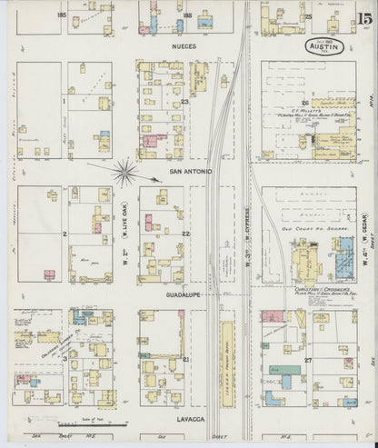 Sanborn Fire Insurance Map from Austin, Travis County, Texas (1889), Sheet #0015 - Historic Sanborn Fire Insurance Map Print, vintage old map wall art, antique decor, genealogy gift, Texas Texas map