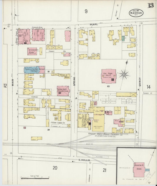 Sanborn Fire Insurance Map from Nashua, Hillsborough County, New Hampshire (1897), Sheet #0013 - Historic Sanborn Fire Insurance Map Print, vintage old map wall art, antique decor, genealogy gift, New Hampshire New Hampshire map