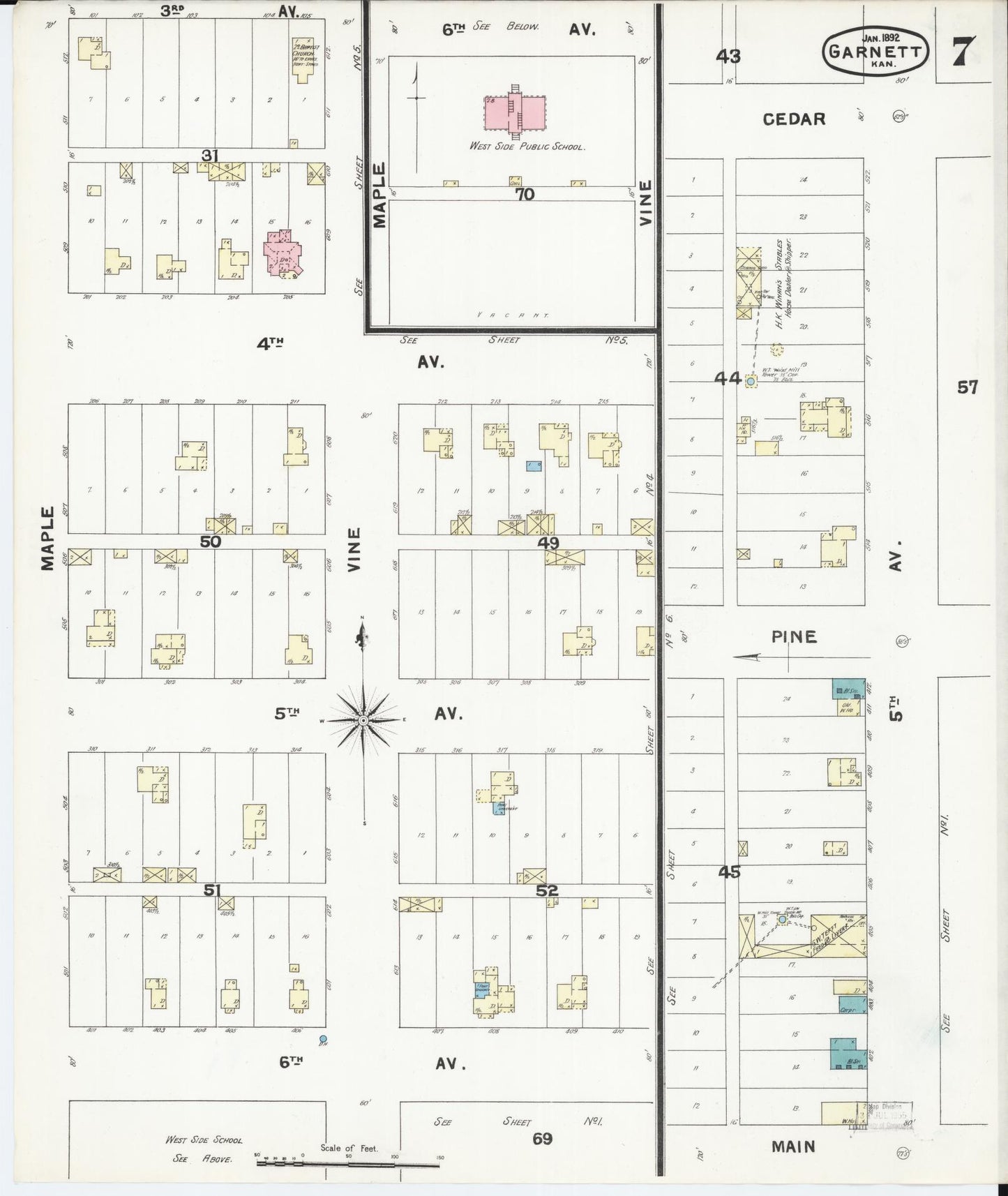 Sanborn Fire Insurance Map from Garnett, Anderson County, Kansas (1892), Sheet #0007 - Historic Sanborn Fire Insurance Map Print, vintage old map wall art, antique decor, genealogy gift, Kansas Kansas map