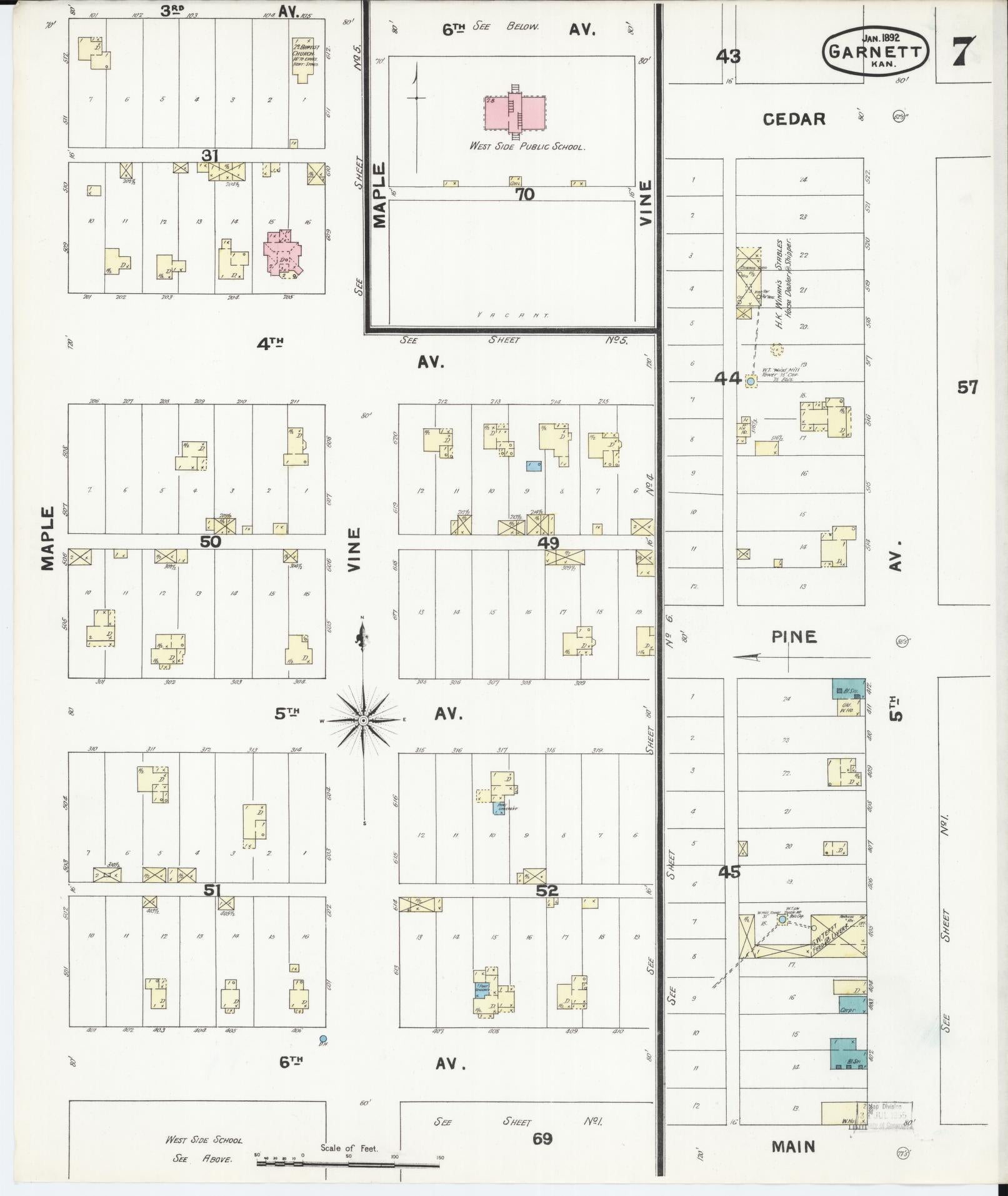 Sanborn Fire Insurance Map from Garnett, Anderson County, Kansas (1892), Sheet #0007 - Historic Sanborn Fire Insurance Map Print, vintage old map wall art, antique decor, genealogy gift, Kansas Kansas map
