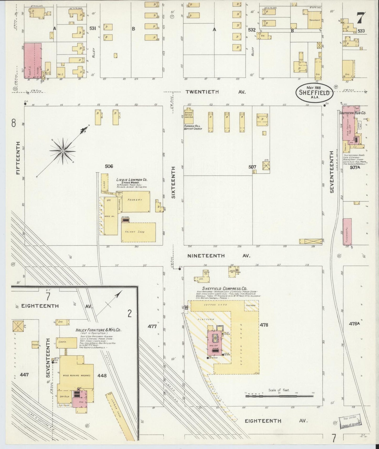 Sanborn Fire Insurance Map from Sheffield, Colbert County, Alabama (1908), Sheet #0007 - Historic Sanborn Fire Insurance Map Print, vintage old map wall art, antique decor, genealogy gift, Alabama Alabama map