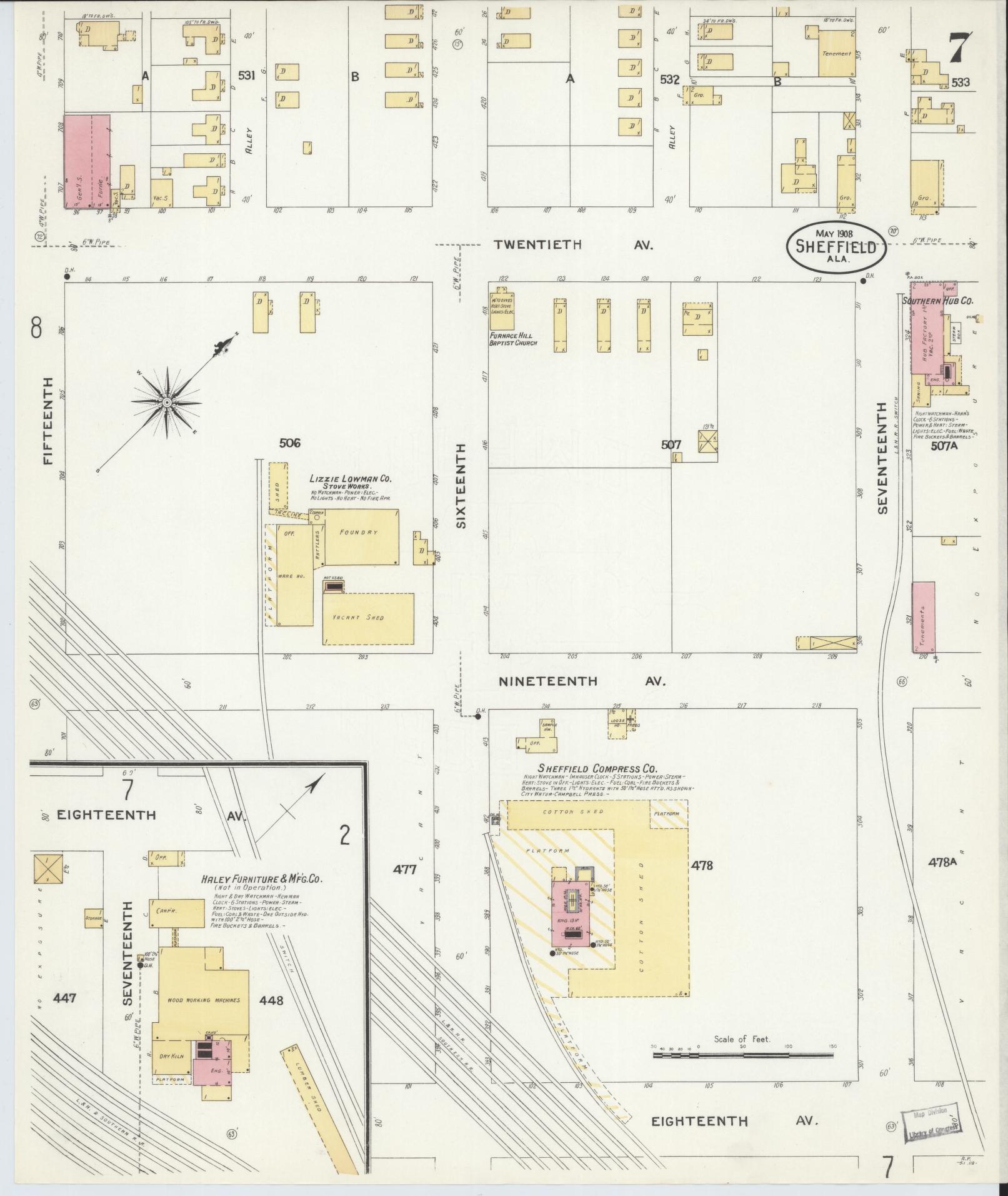 Sanborn Fire Insurance Map from Sheffield, Colbert County, Alabama (1908), Sheet #0007 - Historic Sanborn Fire Insurance Map Print, vintage old map wall art, antique decor, genealogy gift, Alabama Alabama map