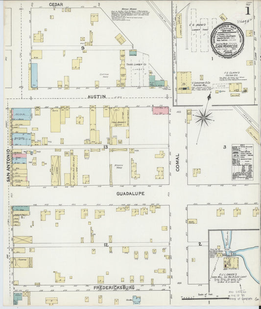 Sanborn Fire Insurance Map from San Marcos, Hays County, Texas (1891), Sheet #0001 - Complete Map Set gallery image, historic Sanborn map, vintage wall art, Texas Texas