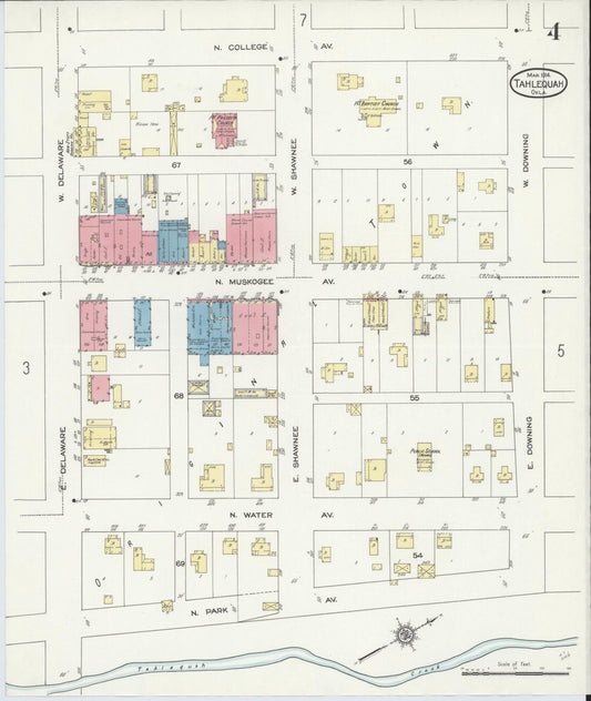 Sanborn Fire Insurance Map from Tahlequah, Cherokee County, Oklahoma (1914), Sheet #0004 - Historic Sanborn Fire Insurance Map Print, vintage old map wall art, antique decor, genealogy gift, Oklahoma Oklahoma map