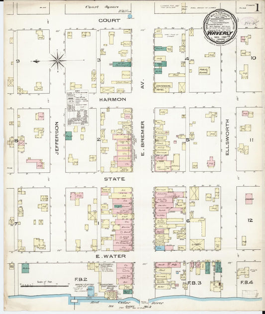 Sanborn Fire Insurance Map from Waverly, Bremer County, Iowa (1885), Sheet #0001 - Historic Sanborn Fire Insurance Map Print, vintage old map wall art
