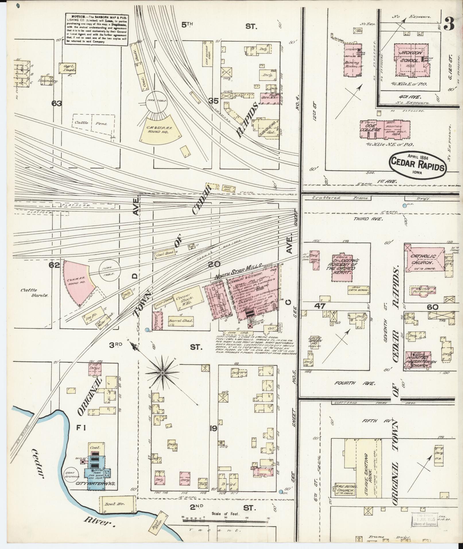 Sanborn Fire Insurance Map from Cedar Rapids, Linn County, Iowa (1884), Sheet #0003 - Historic Sanborn Fire Insurance Map Print, vintage old map wall art