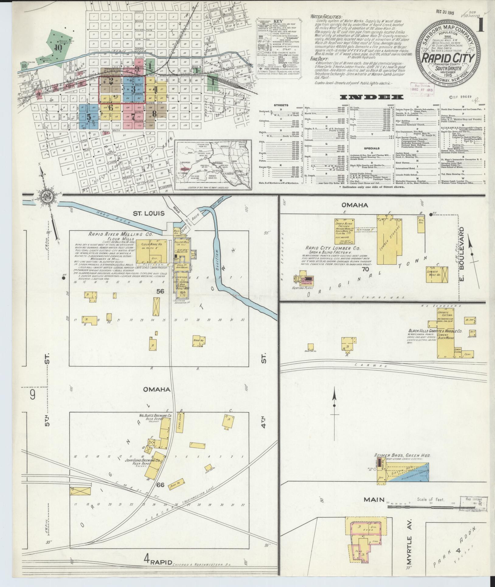 Sanborn Fire Insurance Map from Rapid City, Pennington County, South Dakota (1915), Sheet #0001 - Historic Sanborn Fire Insurance Map Print, vintage old map wall art, antique decor, genealogy gift, South Dakota South Dakota map