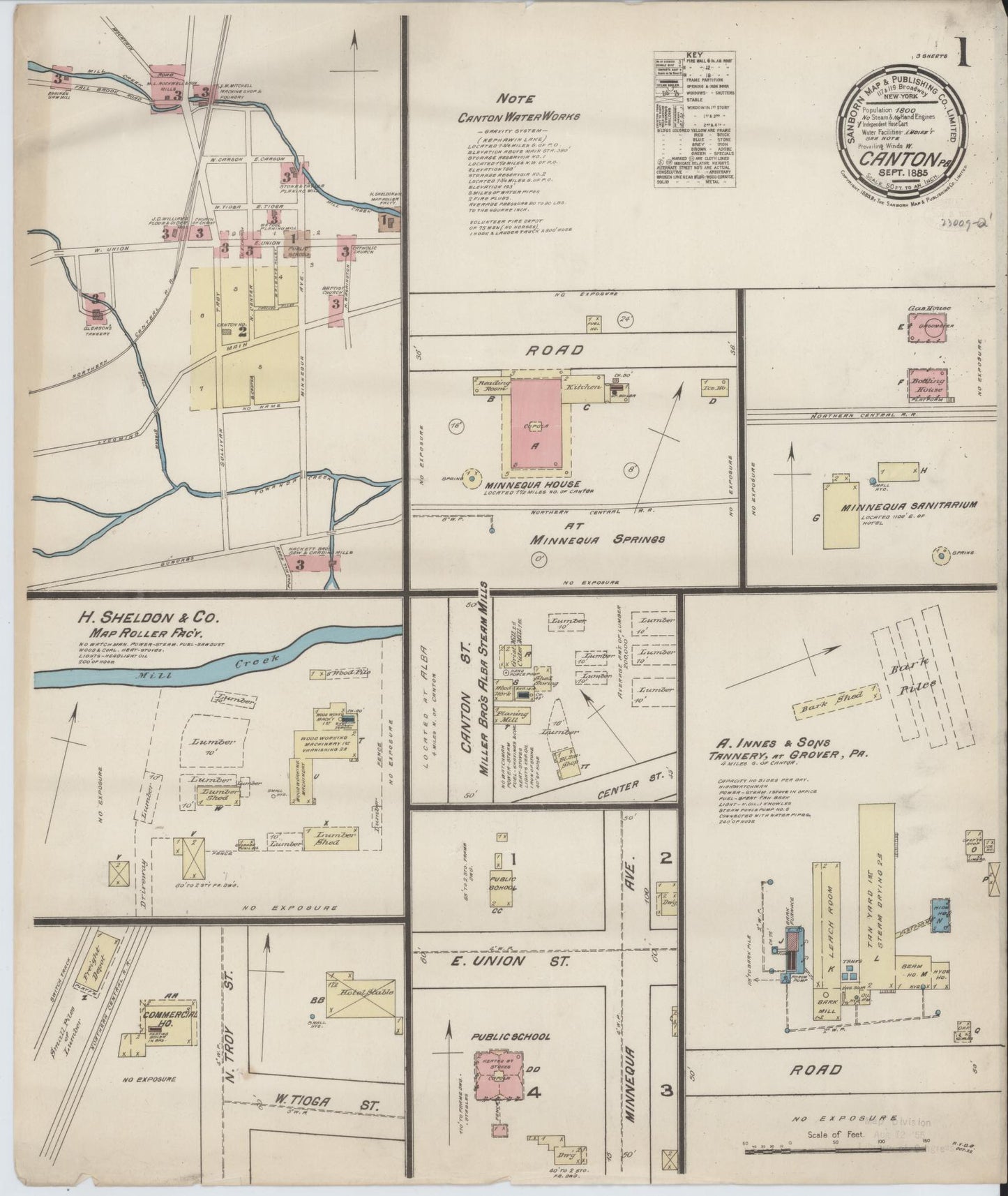 Sanborn Fire Insurance Map from Canton, Bradford County, Pennsylvania (1885), Sheet #0001 - Historic Sanborn Fire Insurance Map Print, vintage old map wall art, antique decor, genealogy gift, Pennsylvania Pennsylvania map