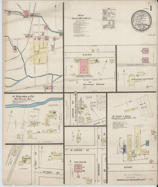 Sanborn Fire Insurance Map from Canton, Bradford County, Pennsylvania (1885), Sheet #0001 - Historic Sanborn Fire Insurance Map Print, vintage old map wall art, antique decor, genealogy gift, Pennsylvania Pennsylvania map