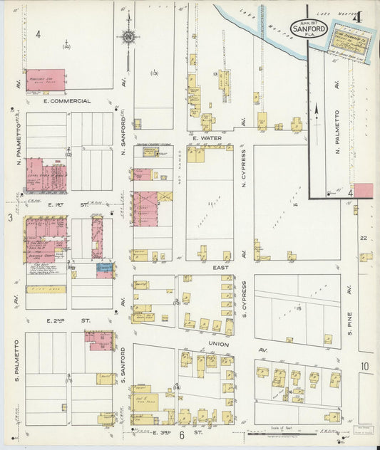 Sanborn Fire Insurance Map from Sanford, Seminole County, Florida (1917), Sheet #0004 - Historic Sanborn Fire Insurance Map Print, vintage old map wall art, antique decor, genealogy gift, Florida Florida map