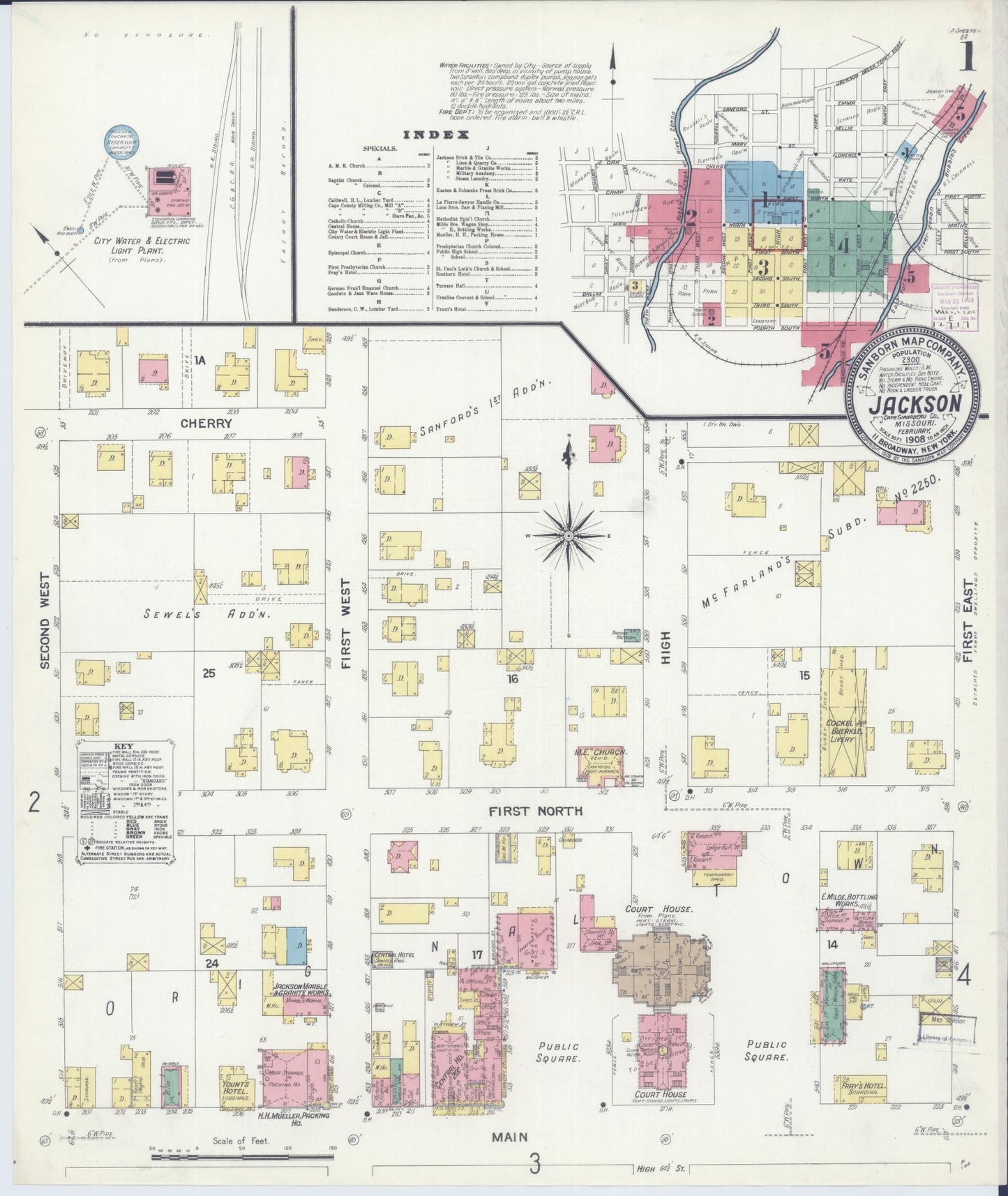 Sanborn Fire Insurance Map from Jackson, Cape Girardeau County, Missouri (1908), Sheet #0001 - Historic Sanborn Fire Insurance Map Print, vintage old map wall art, antique decor, genealogy gift, Missouri Missouri map