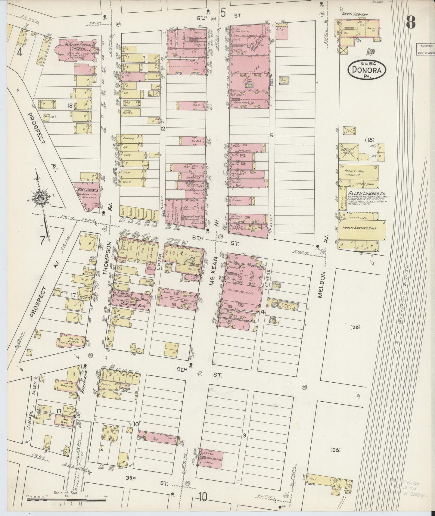 Sanborn Fire Insurance Map from Donora, Washington County, Pennsylvania (1914), Sheet #0008 - Historic Sanborn Fire Insurance Map Print, vintage old map wall art, antique decor, genealogy gift, Pennsylvania Pennsylvania map