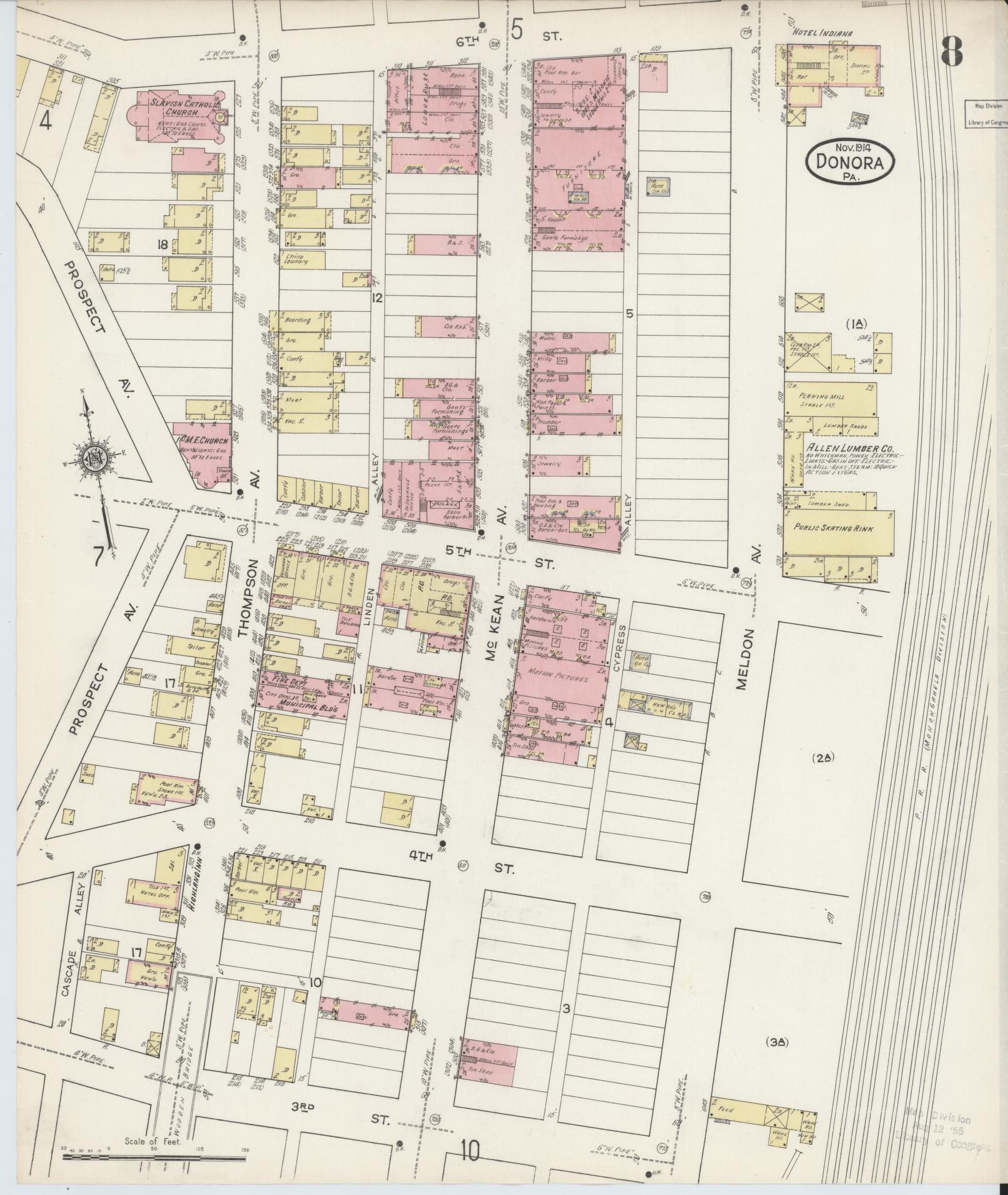 Sanborn Fire Insurance Map from Donora, Washington County, Pennsylvania (1914), Sheet #0008 - Historic Sanborn Fire Insurance Map Print, vintage old map wall art, antique decor, genealogy gift, Pennsylvania Pennsylvania map