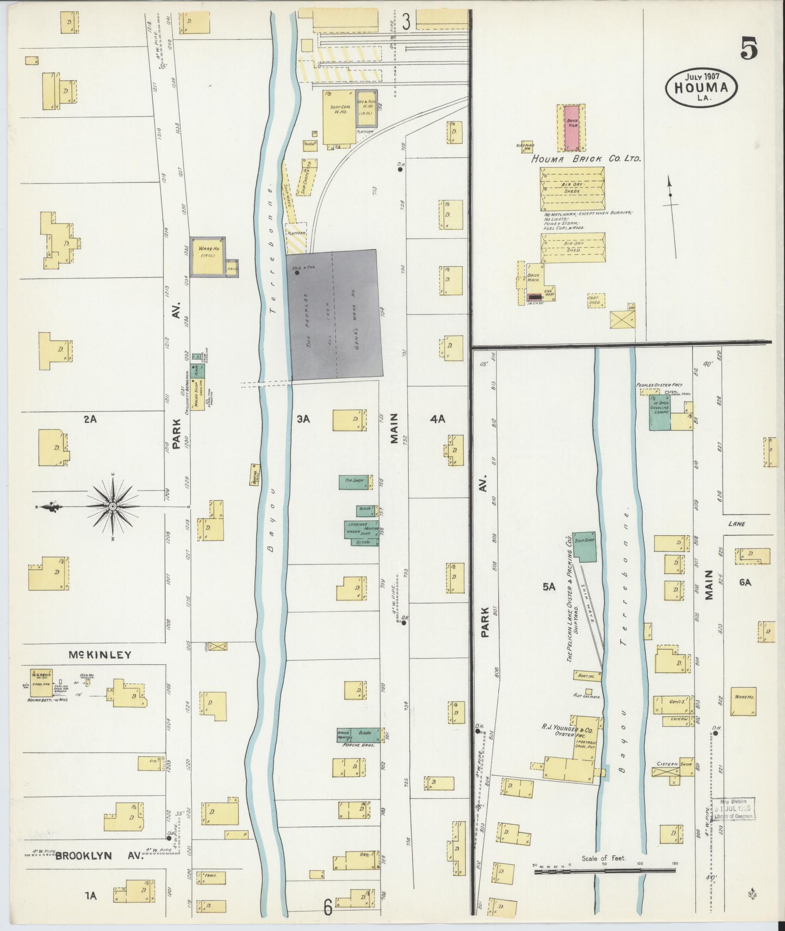 Sanborn Fire Insurance Map from Houma, Terrebonne Parish, Louisiana (1907), Sheet #0005 - Historic Sanborn Fire Insurance Map Print, vintage old map wall art, antique decor, genealogy gift, Louisiana Louisiana map