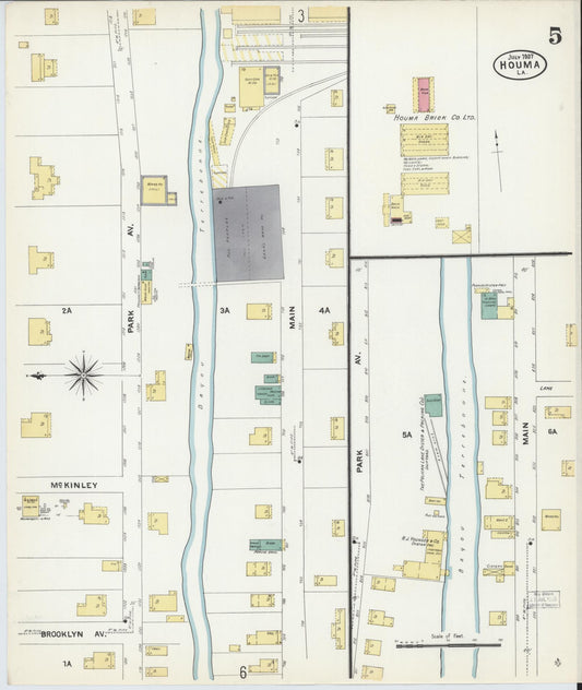 Sanborn Fire Insurance Map from Houma, Terrebonne Parish, Louisiana (1907), Sheet #0005 - Historic Sanborn Fire Insurance Map Print, vintage old map wall art, antique decor, genealogy gift, Louisiana Louisiana map