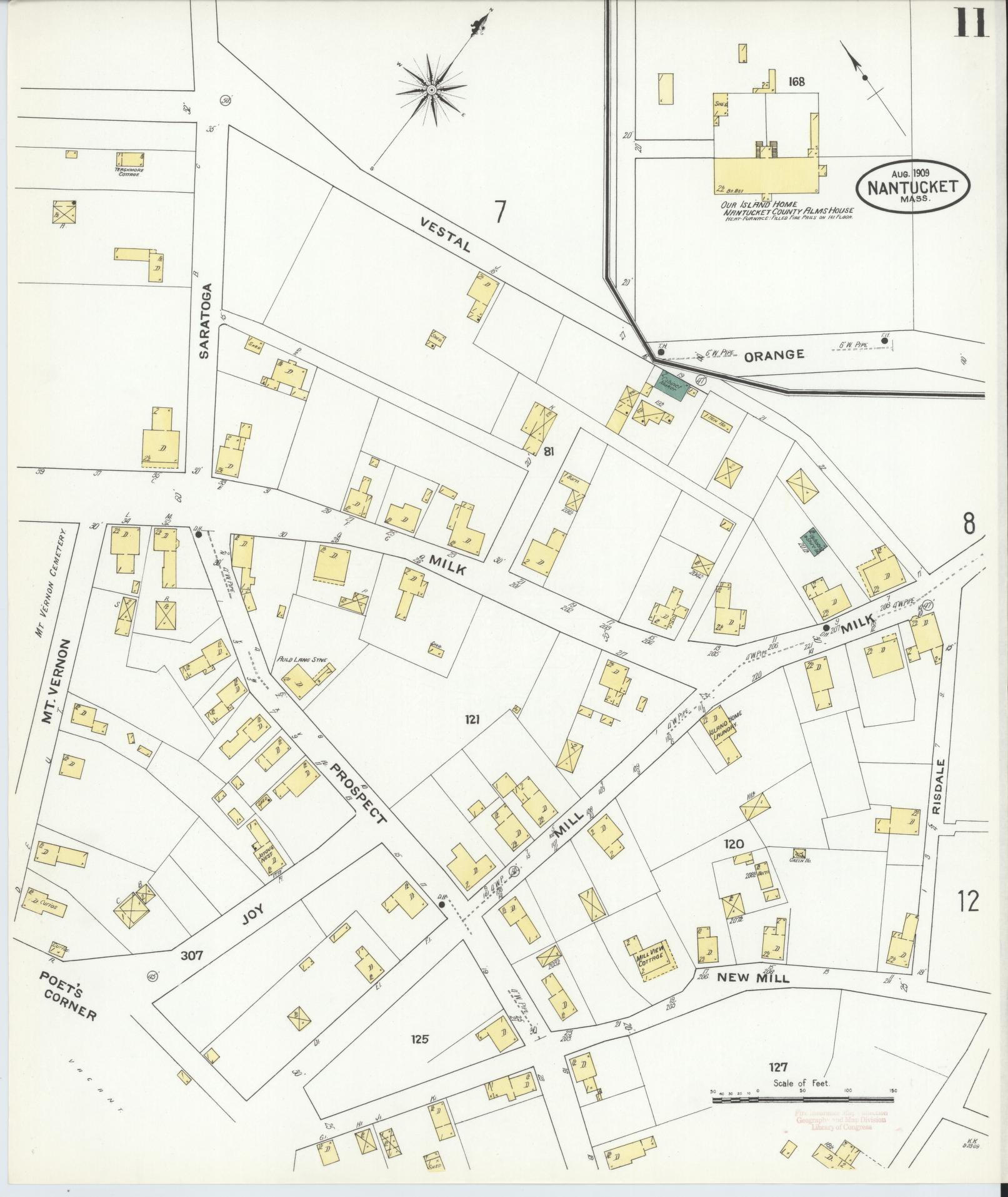 Sanborn Fire Insurance Map from Nantucket, Nantucket County, Massachusetts (1909), Sheet #0011 - Historic Sanborn Fire Insurance Map Print, vintage old map wall art, antique decor, genealogy gift, Massachusetts Massachusetts map