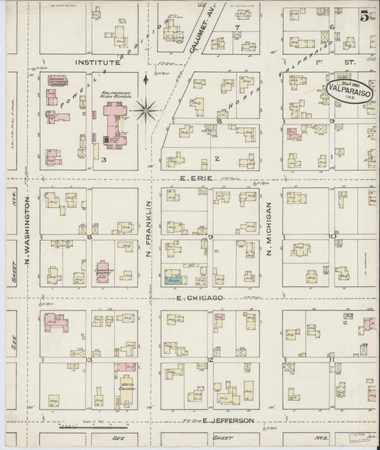 Sanborn Fire Insurance Map from Valparaiso, Porter County, Indiana (1886), Sheet #0005 - Historic Sanborn Fire Insurance Map Print, vintage old map wall art, antique decor, genealogy gift, Indiana Indiana map