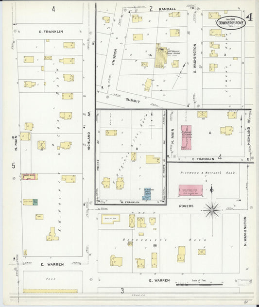 Sanborn Fire Insurance Map from Downers Grove, Dupage County, Illinois (1909), Sheet #0004 - Historic Sanborn Fire Insurance Map Print, vintage old map wall art, antique decor, genealogy gift, Illinois Illinois map