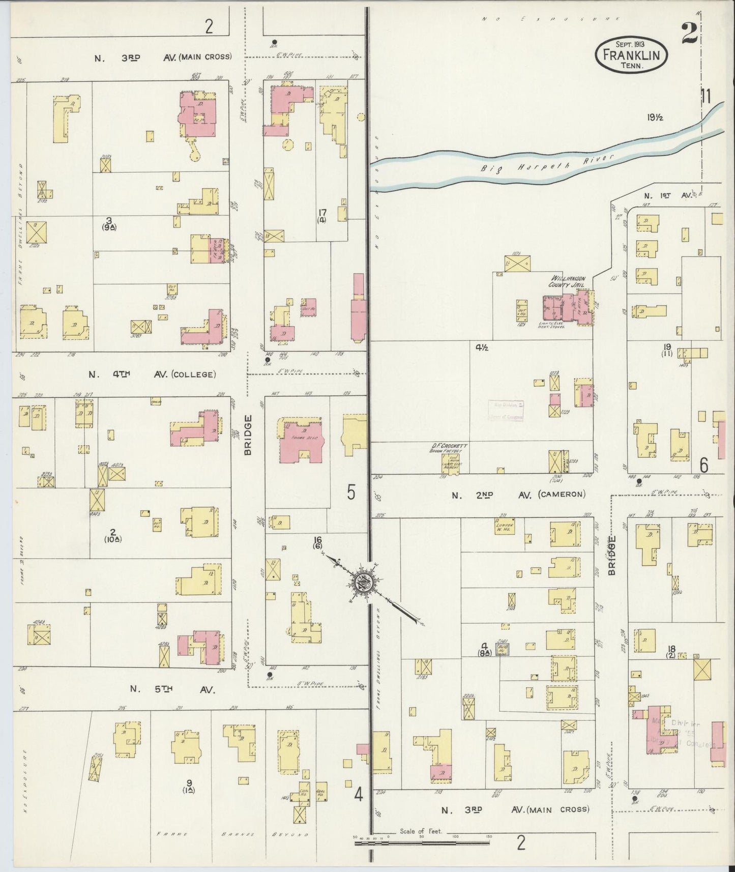 Sanborn Fire Insurance Map from Franklin, Williamson County, Tennessee (1913), Sheet #0002 - Historic Sanborn Fire Insurance Map Print, vintage old map wall art, antique decor, genealogy gift, Tennessee Tennessee map
