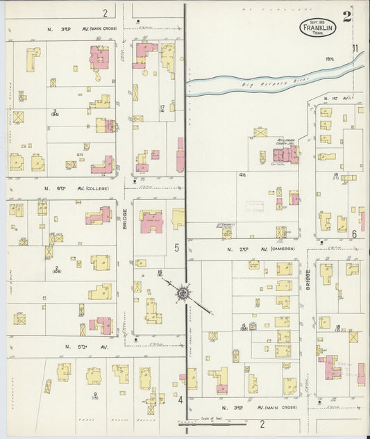 Sanborn Fire Insurance Map from Franklin, Williamson County, Tennessee (1913), Sheet #0002 - Historic Sanborn Fire Insurance Map Print, vintage old map wall art, antique decor, genealogy gift, Tennessee Tennessee map