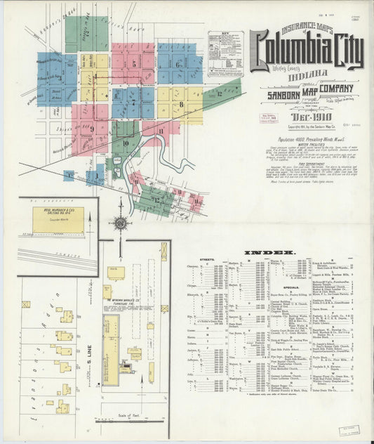 Sanborn Fire Insurance Map from Columbia City, Whitley County, Indiana (1910), Sheet #0001 - Historic Sanborn Fire Insurance Map Print, vintage old map wall art, antique decor, genealogy gift, Indiana Indiana map
