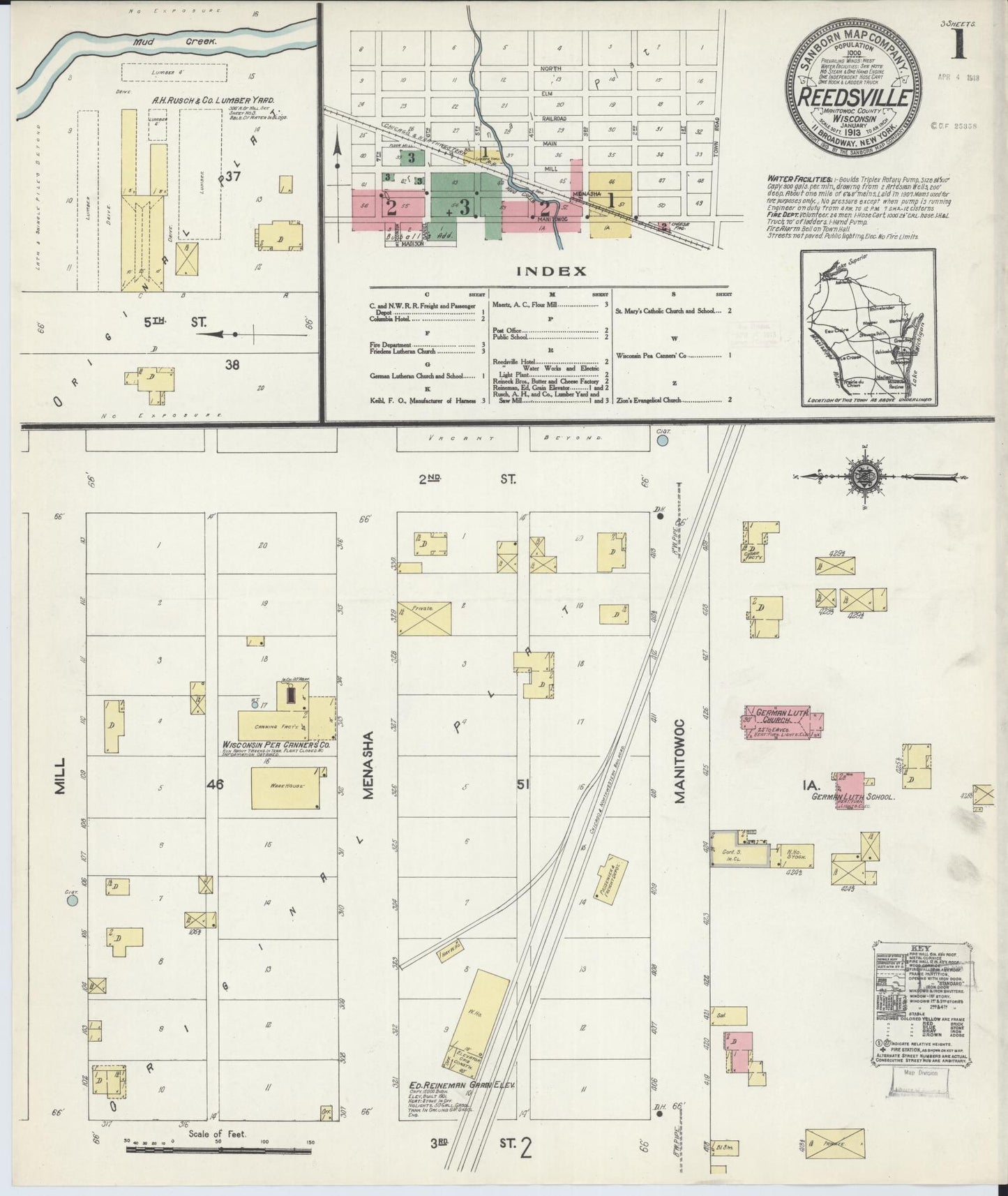 Sanborn Fire Insurance Map from Reedsville, Manitowoc County, Wisconsin (1913), Sheet #0001 - Complete Map Set gallery image, historic Sanborn map, vintage wall art, Wisconsin Wisconsin