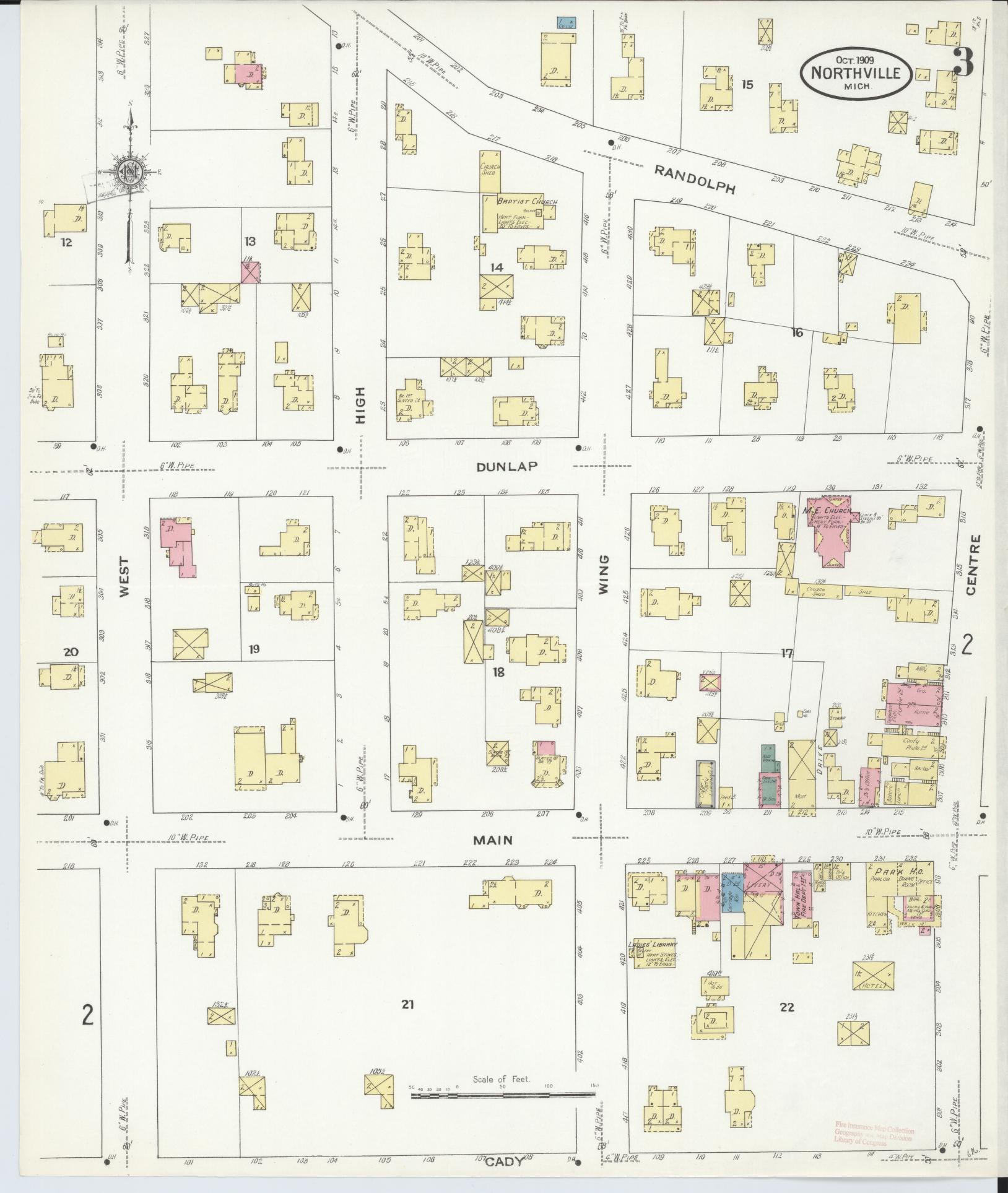 Sanborn Fire Insurance Map from Northville, Wayne County, Michigan (1909), Sheet #0003 - Complete Map Set gallery image, historic Sanborn map, vintage wall art, Michigan Michigan