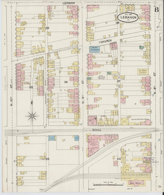 Sanborn Fire Insurance Map from Lebanon, Lebanon County, Pennsylvania (1887), Sheet #0008 - Historic Sanborn Fire Insurance Map Print, vintage old map wall art, antique decor, genealogy gift, Pennsylvania Pennsylvania map