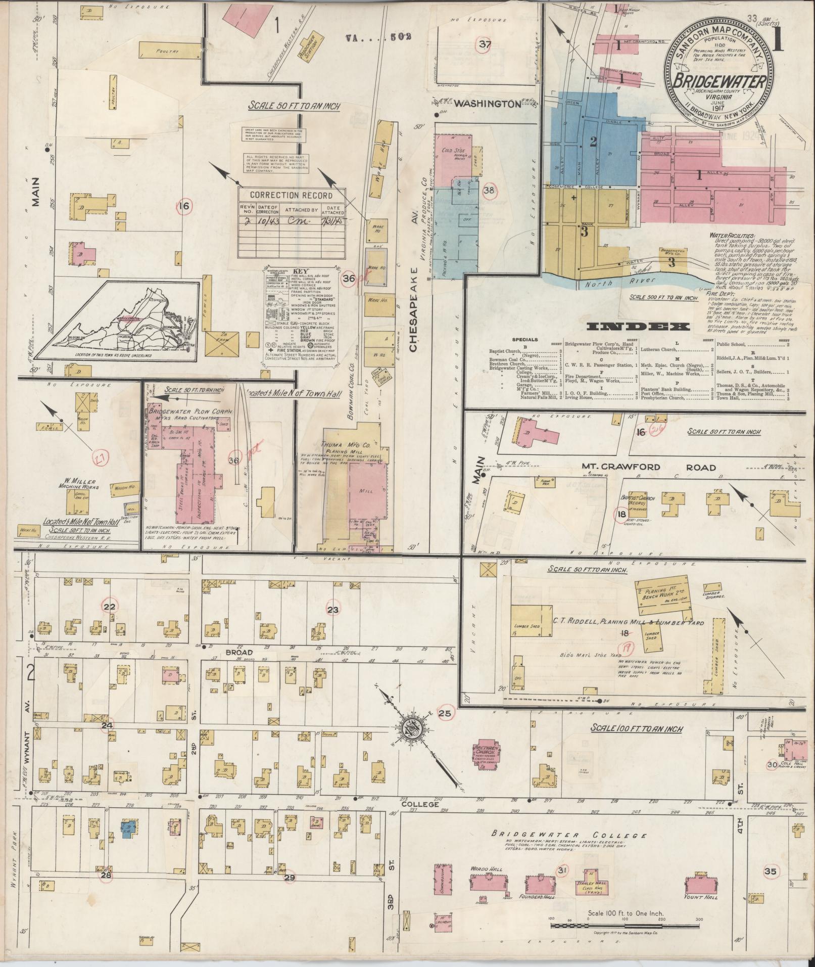 Sanborn Fire Insurance Map from Bridgewater, Rockingham County, Virginia (1917), Sheet #0001 - Historic Sanborn Fire Insurance Map Print, vintage old map wall art, antique decor, genealogy gift, Virginia Virginia map
