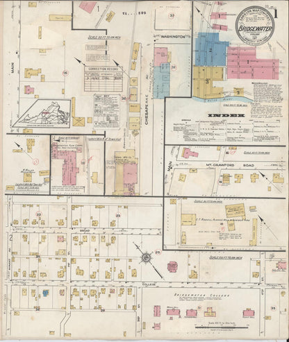 Sanborn Fire Insurance Map from Bridgewater, Rockingham County, Virginia (1917), Sheet #0001 - Historic Sanborn Fire Insurance Map Print, vintage old map wall art, antique decor, genealogy gift, Virginia Virginia map