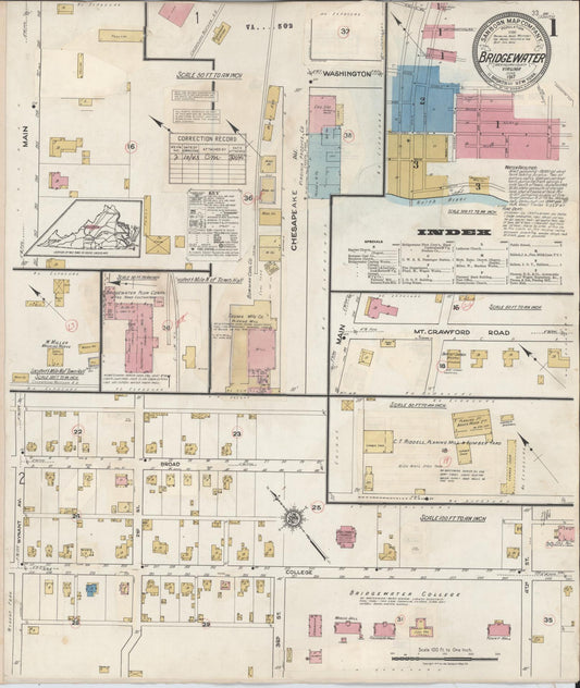 Sanborn Fire Insurance Map from Bridgewater, Rockingham County, Virginia (1917), Sheet #0001 - Historic Sanborn Fire Insurance Map Print, vintage old map wall art, antique decor, genealogy gift, Virginia Virginia map