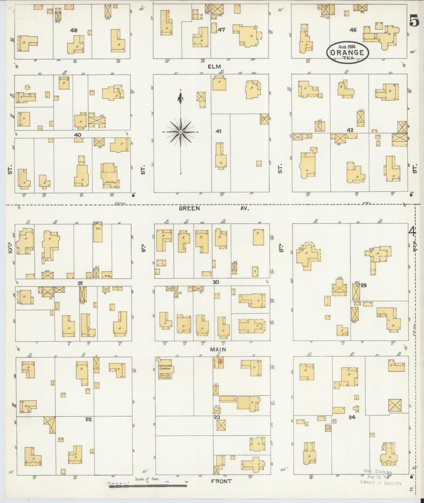 Sanborn Fire Insurance Map from Orange, Orange County, Texas (1904), Sheet #0005 - Historic Sanborn Fire Insurance Map Print, vintage old map wall art, antique decor, genealogy gift, Texas Texas map