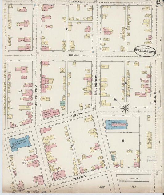 Sanborn Fire Insurance Map from Hollidaysburg, Blair County, Pennsylvania (1886), Sheet #0002 - Historic Sanborn Fire Insurance Map Print, vintage old map wall art, antique decor, genealogy gift, Pennsylvania Pennsylvania map