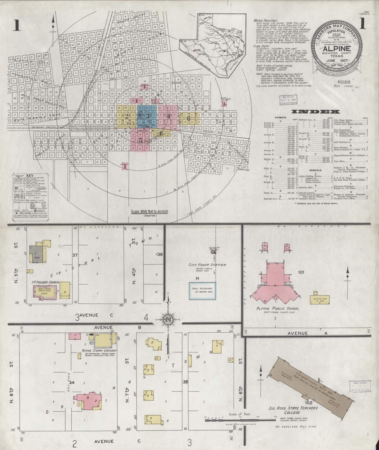 Sanborn Fire Insurance Map from Alpine, Brewster County, Texas (1927), Sheet #0001 - Historic Sanborn Fire Insurance Map Print, vintage old map wall art, antique decor, genealogy gift, Texas Texas map