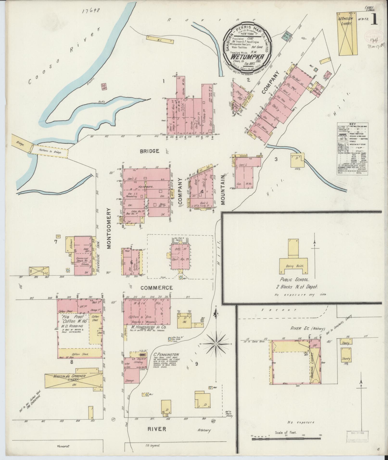 Sanborn Fire Insurance Map from Wetumpka, Elmore County, Alabama (1897), Sheet #0001 - Historic Sanborn Fire Insurance Map Print, vintage old map wall art, antique decor, genealogy gift, Alabama Alabama map