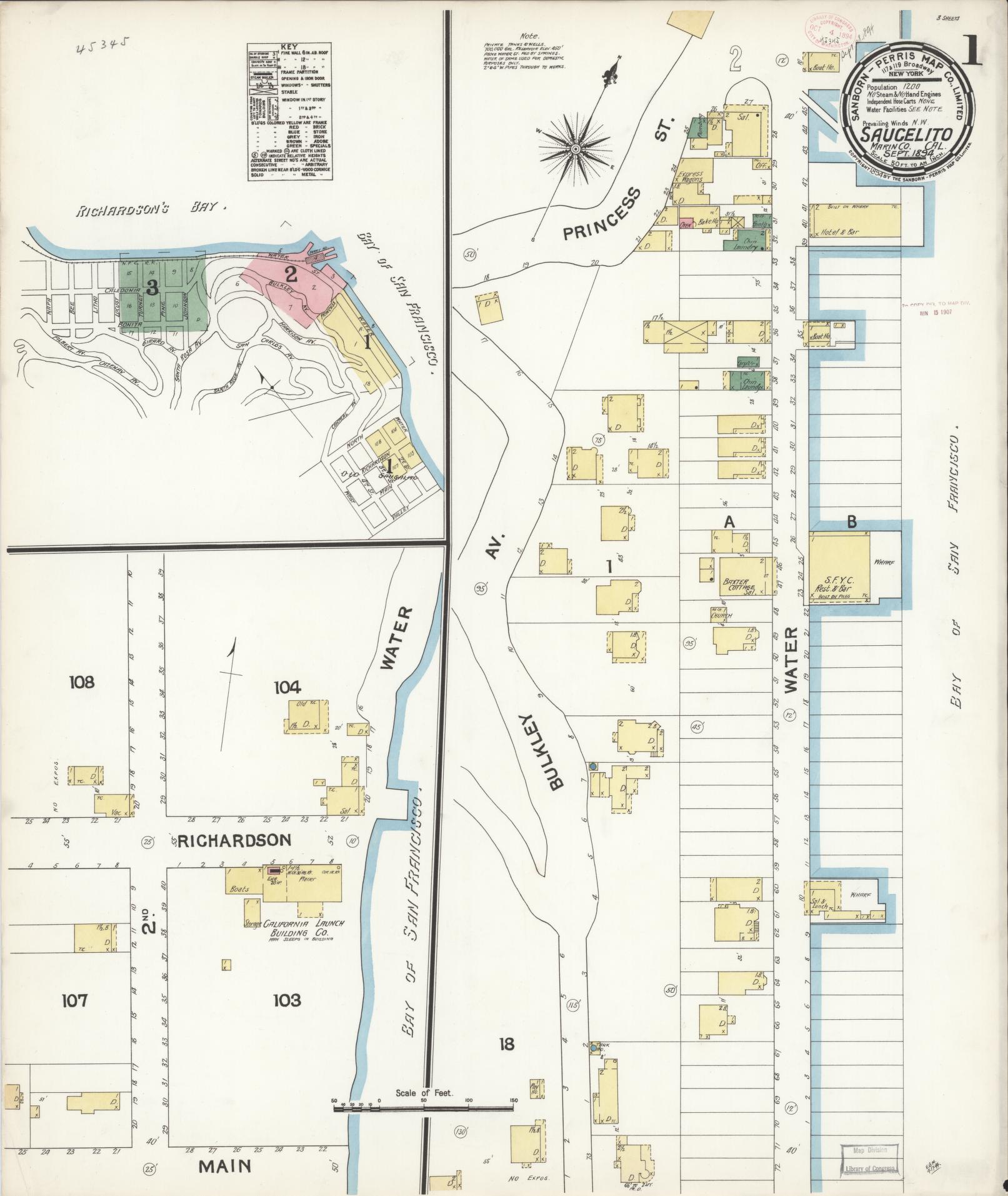 Sanborn Fire Insurance Map from Sausalito, Marin County, California (1894), Sheet #0001 - Complete Map Set gallery image, historic Sanborn map, vintage wall art, California California