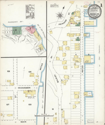 Sanborn Fire Insurance Map from Sausalito, Marin County, California (1894), Sheet #0001 - Complete Map Set gallery image, historic Sanborn map, vintage wall art, California California
