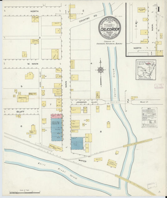 Sanborn Fire Insurance Map from Calico Rock, Izard County, Arkansas (1913), Sheet #0001 - Historic Sanborn Fire Insurance Map Print, vintage old map wall art, antique decor, genealogy gift, Arkansas Arkansas map
