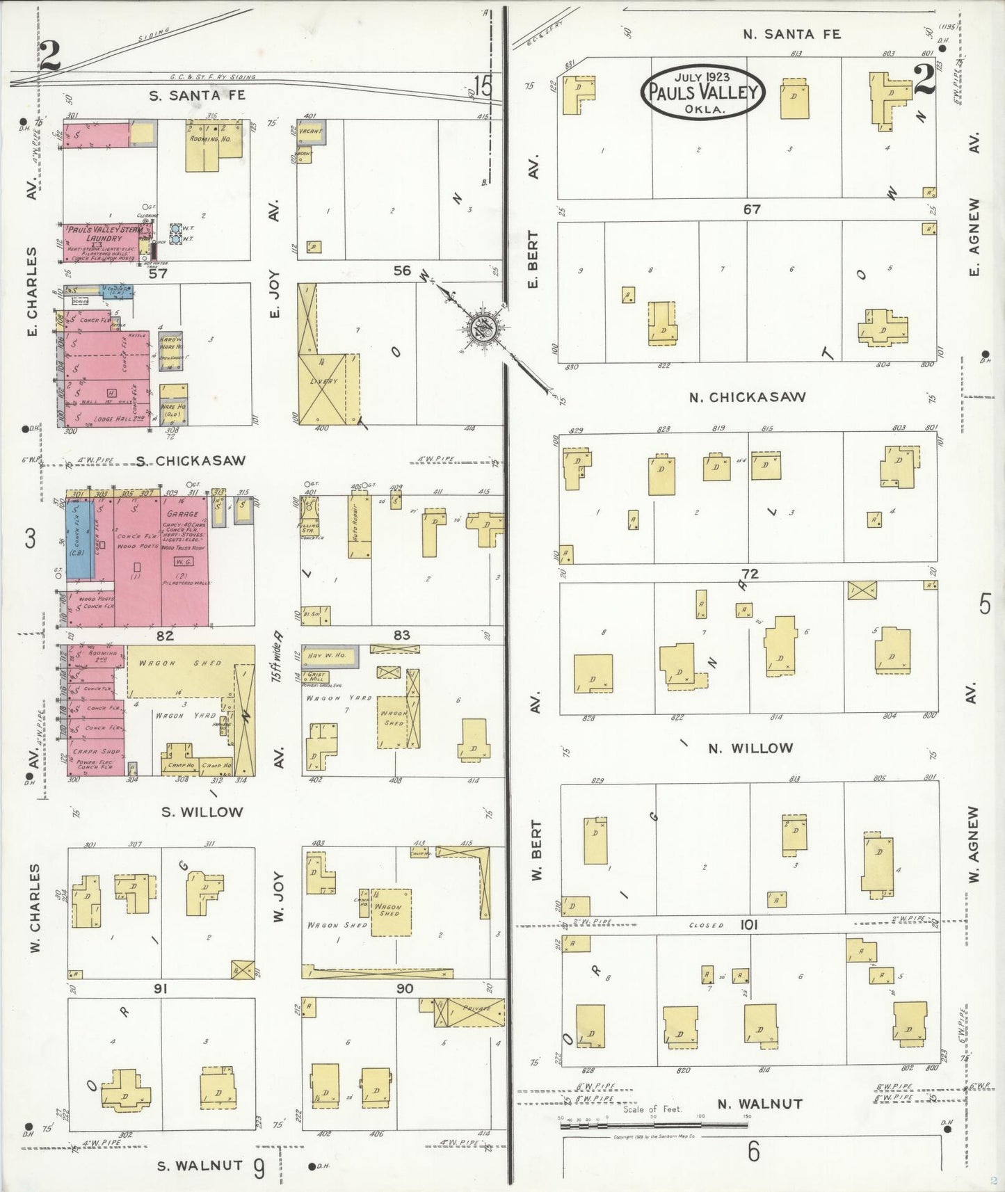 Sanborn Fire Insurance Map from Pauls Valley, Garvin County, Oklahoma (1923), Sheet #0002 - Complete Map Set gallery image, historic Sanborn map, vintage wall art, Oklahoma Oklahoma