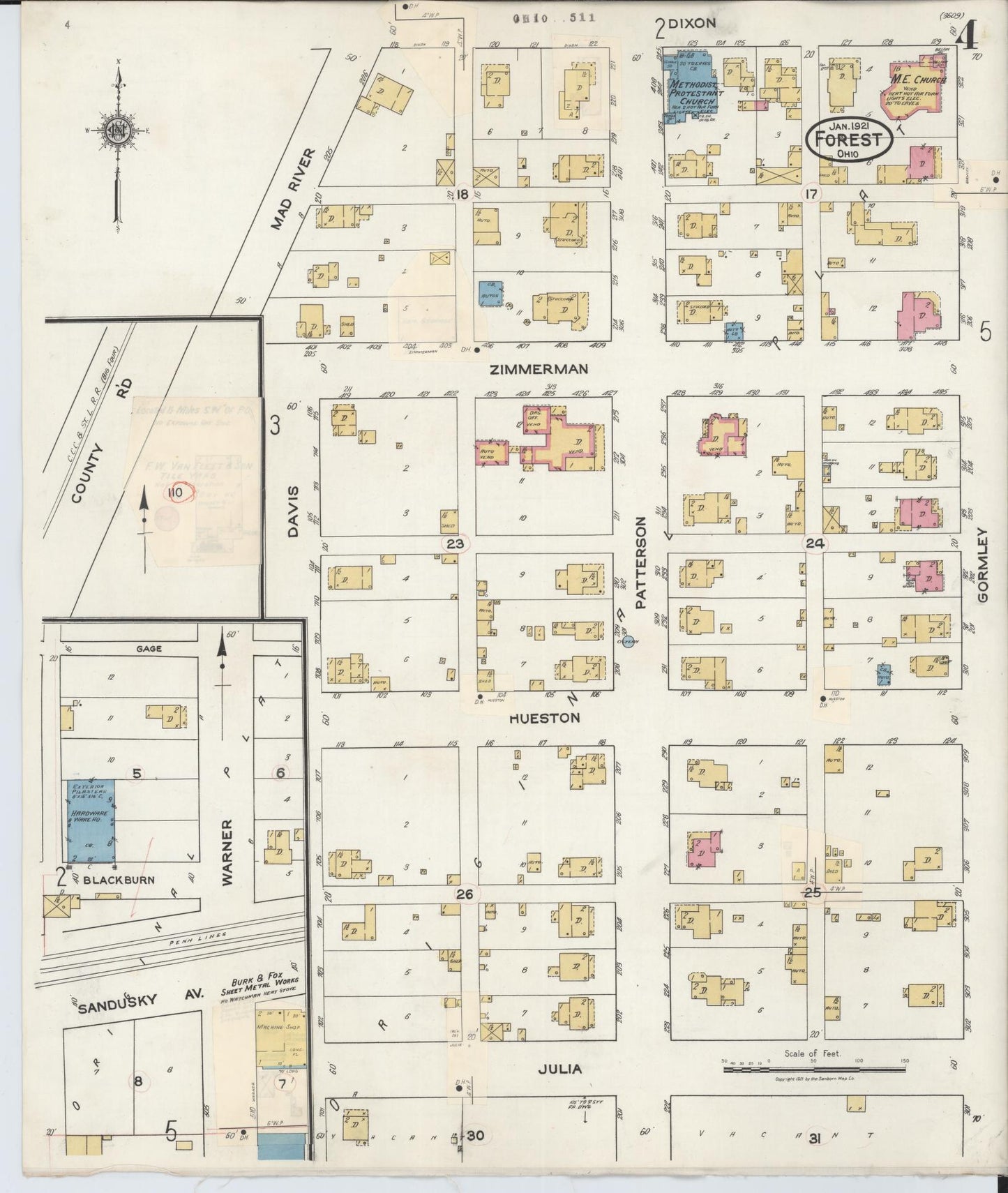 Sanborn Fire Insurance Map from Forest, Hardin County, Ohio (1932), Sheet #0004 - Historic Sanborn Fire Insurance Map Print, vintage old map wall art, antique decor, genealogy gift, Ohio Ohio map